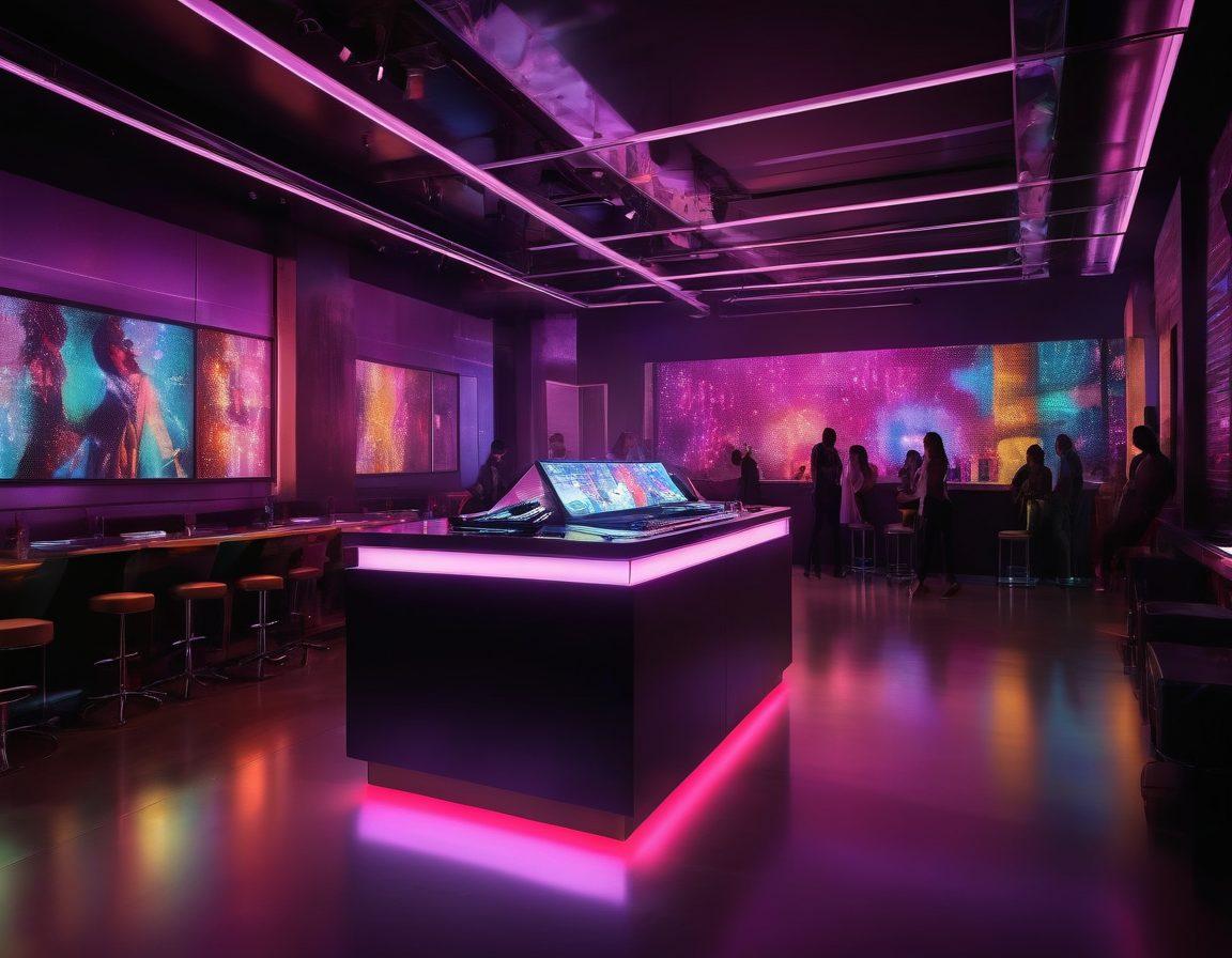 A sleek modern nightclub featuring stylish, diverse individuals dancing and socializing, adorned in trendy outfits that symbolize current fashion trends. The atmosphere is lively with colorful lights reflecting off polished surfaces, showcasing a DJ booth in the background. Include elements like fashion magazines and accessories scattered around to create a vibrant scene that highlights the intersection of fashion and nightlife. super-realistic. vibrant colors. 3D.