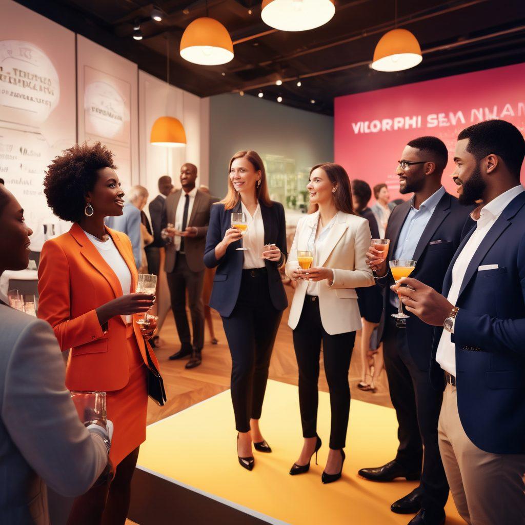 A vibrant scene of a diverse group of professionals engaged in dynamic conversations at a stylish networking event, with drinks in hand and name tags visible. The background features elements of club culture, like stylish decor and soft lighting, while a subtle glow suggests energy and creativity. Include abstract representations of connections and opportunities in the air around them. super-realistic. vibrant colors. 3D.