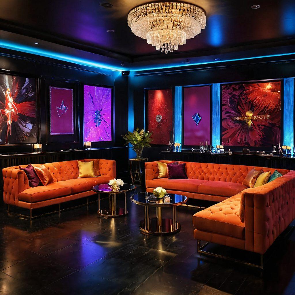 A luxurious club scene featuring a diverse group of stylish individuals enjoying exclusive membership benefits, like personalized services and unique amenities. Showcase a vibrant atmosphere with rich decor, stylish cocktails, and engaging entertainment in the background. Include elements representing lifestyle trends such as fashionable attire and modern technology use, capturing the essence of exclusivity and sophistication. super-realistic. vibrant colors. elegant ambiance.